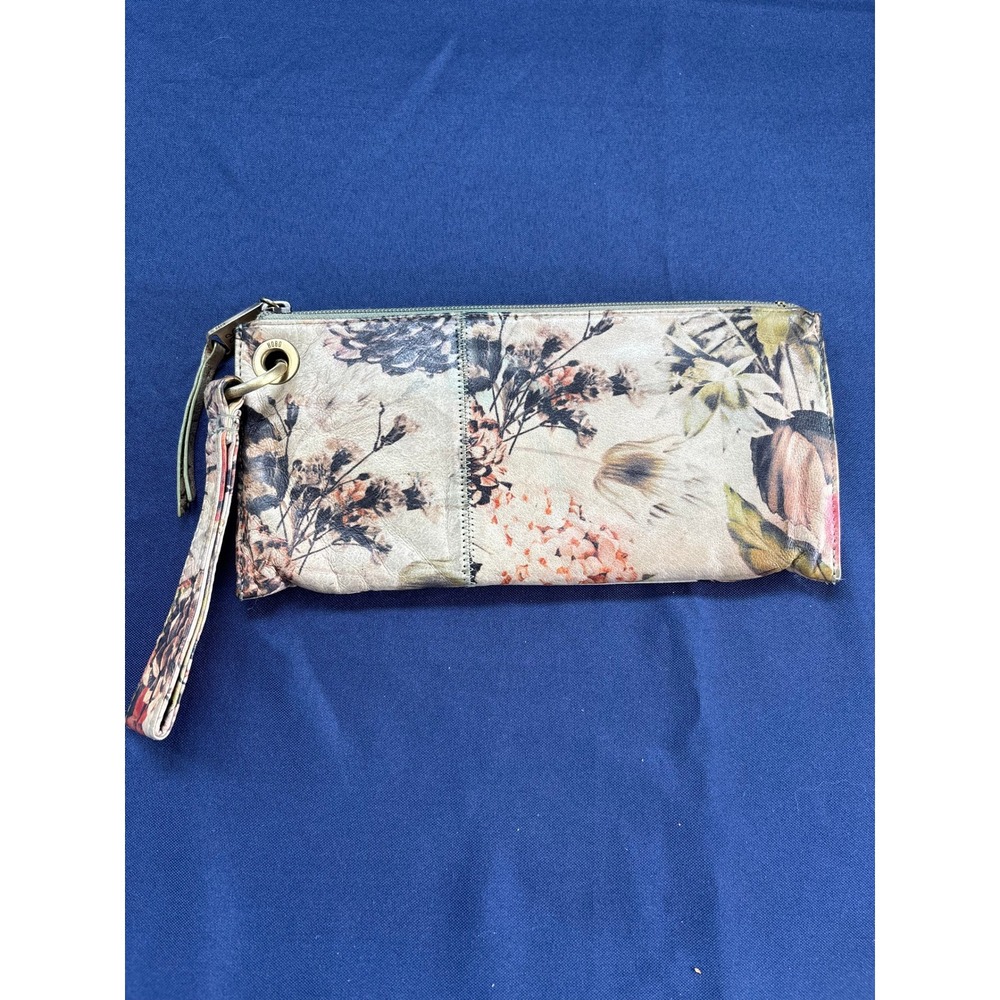 Hobo International Leather Floral Wristlet Wallet Clutch Tan Green‎ Botanical